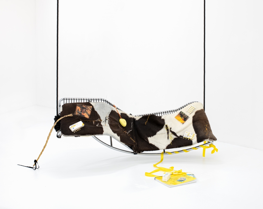22_Lauryn Youden, Bitch I’m a Cow, LC4 Lounge Chair (Cowhide), various materials, 160 x 54 x 400 cm, 2023. Courtesy of the artist